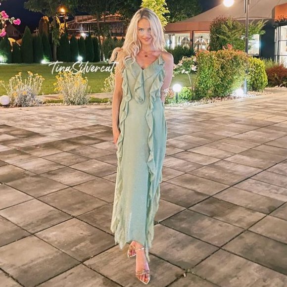 BLOGGER'S FAVE! Zara Long Ruffled Dress Sea Green NWT - Picture 14 of 17